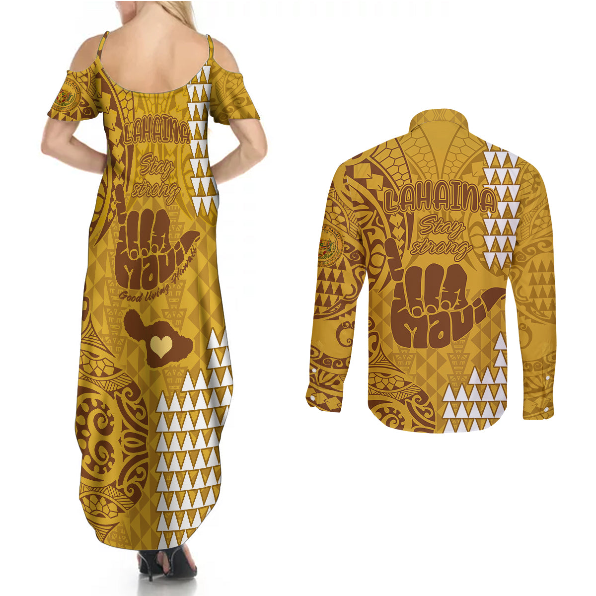 Strong Maui Couples Matching Summer Maxi Dress and Long Sleeve Button Shirts Good Living Hawaii with Shaka Sign Kakau Tribal Gold LT9 - Wonder Print Shop