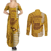 Strong Maui Couples Matching Summer Maxi Dress and Long Sleeve Button Shirts Good Living Hawaii with Shaka Sign Kakau Tribal Gold LT9 - Wonder Print Shop