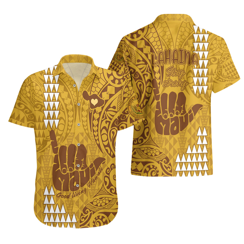 Strong Maui Hawaiian Shirt Good Living Hawaii with Shaka Sign Kakau Tribal Gold - Wonder Print Shop