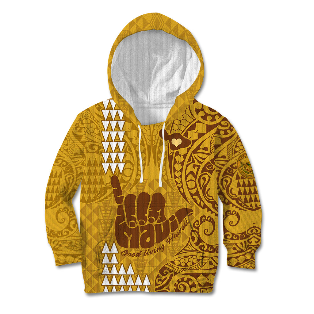 Strong Maui Kid Hoodie Good Living Hawaii with Shaka Sign Kakau Tribal Gold - Wonder Print Shop