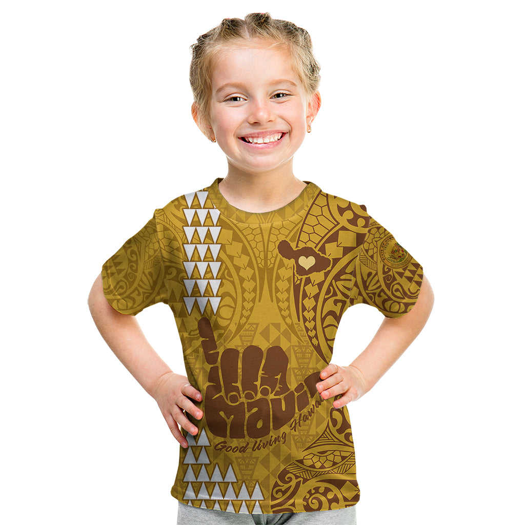 Strong Maui Kid T Shirt Good Living Hawaii with Shaka Sign Kakau Tribal Gold - Wonder Print Shop