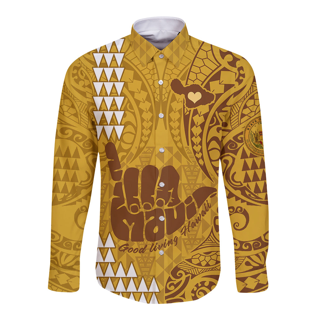 Strong Maui Long Sleeve Button Shirt Good Living Hawaii with Shaka Sign Kakau Tribal Gold - Wonder Print Shop