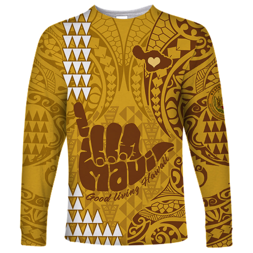 Strong Maui Long Sleeve Shirt Good Living Hawaii with Shaka Sign Kakau Tribal Gold - Wonder Print Shop