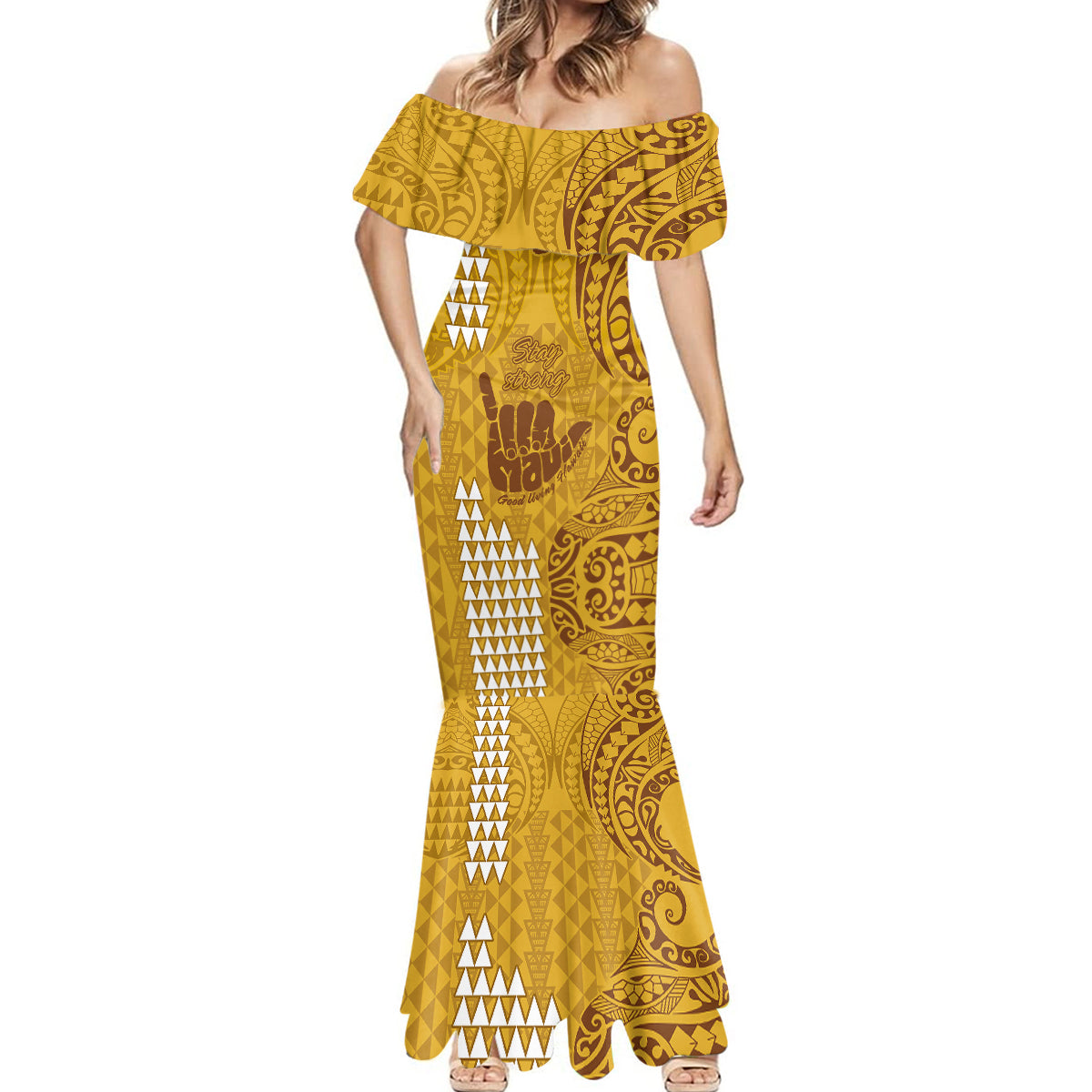 Strong Maui Mermaid Dress Good Living Hawaii with Shaka Sign Kakau Tribal Gold - Wonder Print Shop