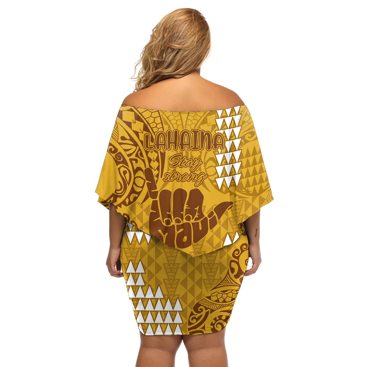 Strong Maui Off Shoulder Short Dress Good Living Hawaii with Shaka Sign Kakau Tribal Gold - Wonder Print Shop