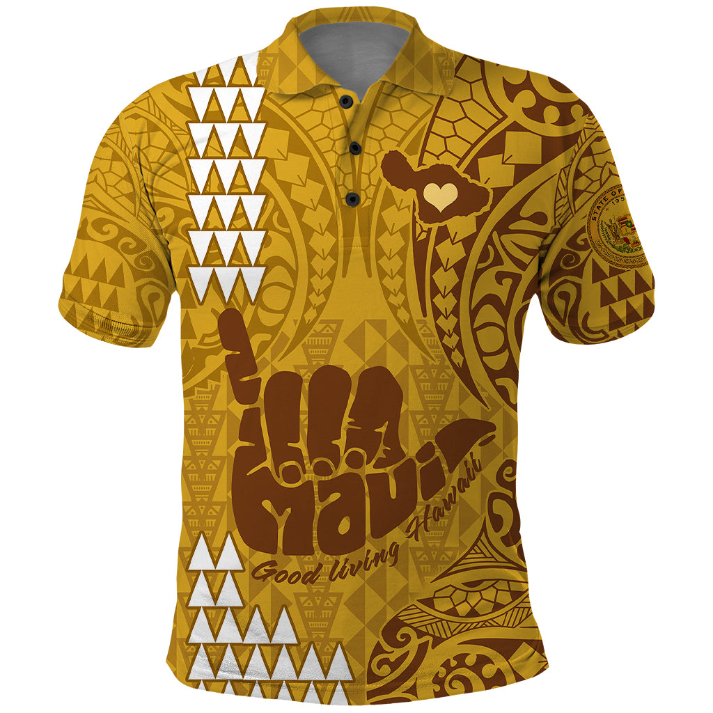 Strong Maui Polo Shirt Good Living Hawaii with Shaka Sign Kakau Tribal Gold - Wonder Print Shop
