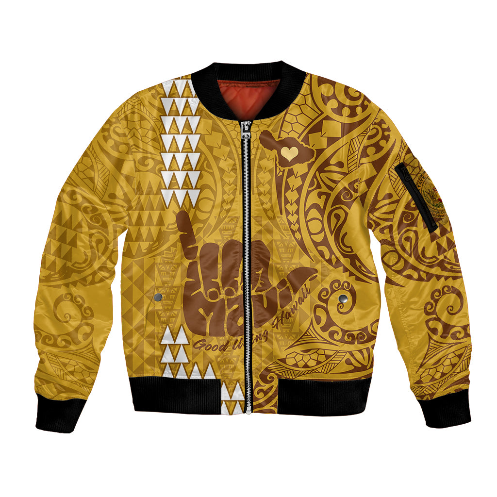 Strong Maui Sleeve Zip Bomber Jacket Good Living Hawaii with Shaka Sign Kakau Tribal Gold - Wonder Print Shop