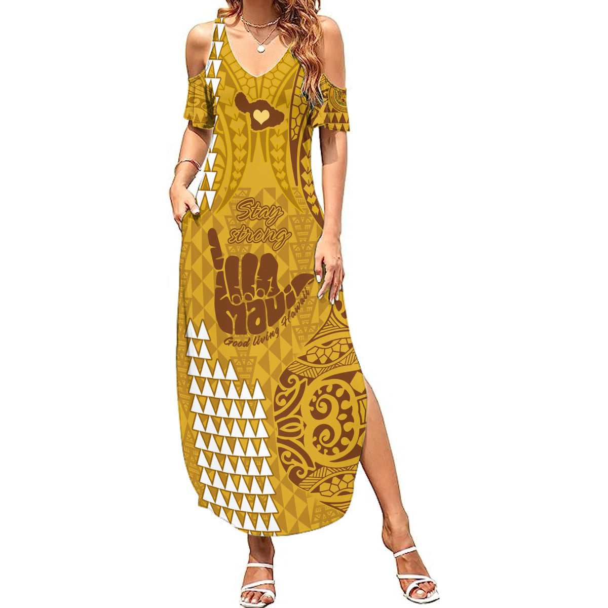 Strong Maui Summer Maxi Dress Good Living Hawaii with Shaka Sign Kakau Tribal Gold - Wonder Print Shop