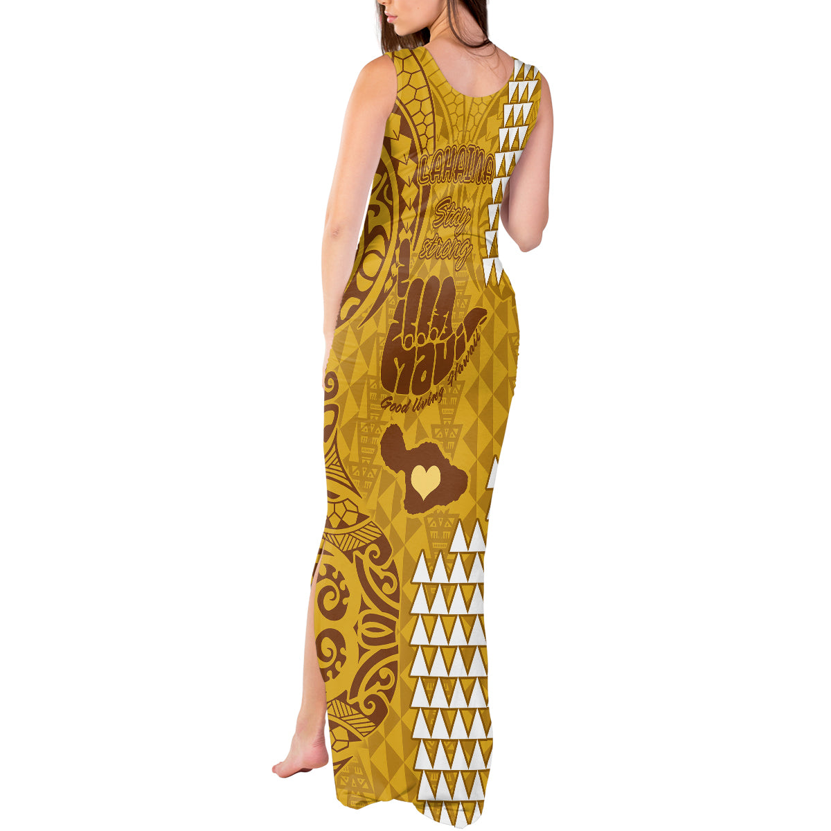 Strong Maui Tank Maxi Dress Good Living Hawaii with Shaka Sign Kakau Tribal Gold - Wonder Print Shop