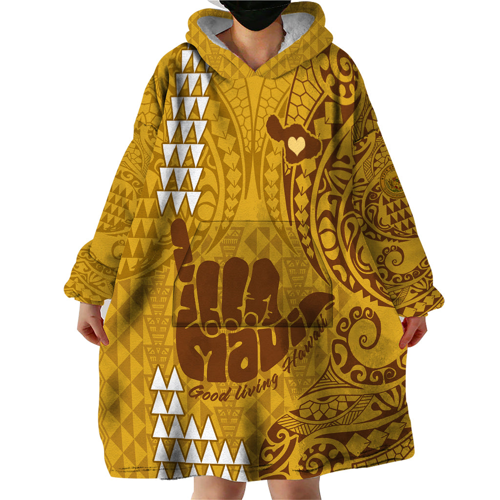 Strong Maui Wearable Blanket Hoodie Good Living Hawaii with Shaka Sign Kakau Tribal Gold - Wonder Print Shop