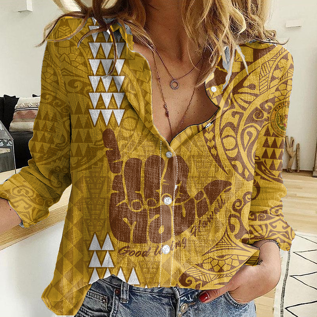 Strong Maui Women Casual Shirt Good Living Hawaii with Shaka Sign Kakau Tribal Gold - Wonder Print Shop