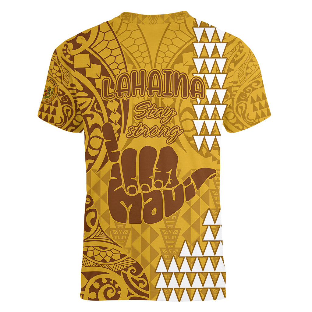 Strong Maui Women V Neck T Shirt Good Living Hawaii with Shaka Sign Kakau Tribal Gold - Wonder Print Shop