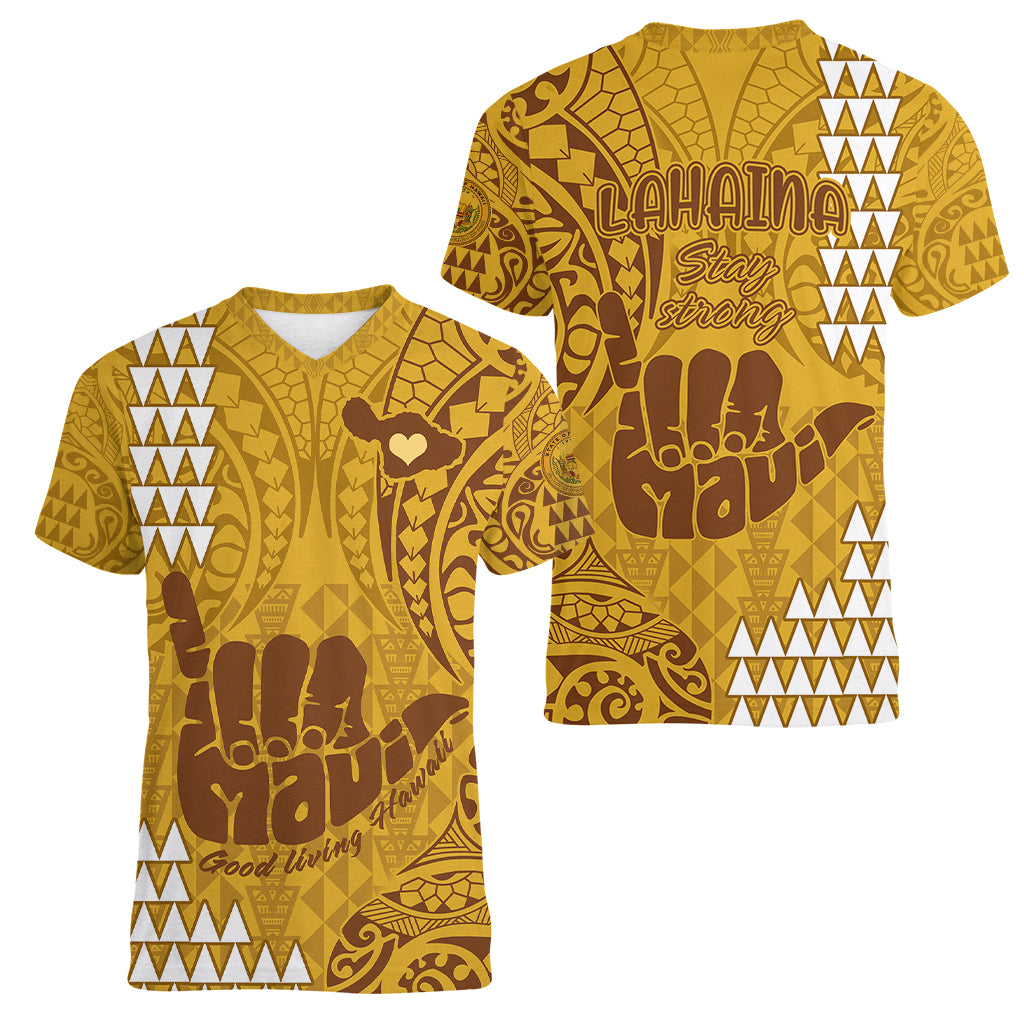 Strong Maui Women V Neck T Shirt Good Living Hawaii with Shaka Sign Kakau Tribal Gold - Wonder Print Shop