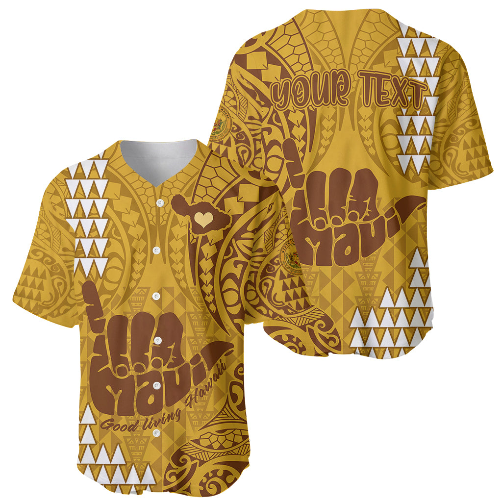 Personalised Strong Maui Baseball Jersey Good Living Hawaii with Shaka Sign Kakau Tribal Gold LT9 - Wonder Print Shop