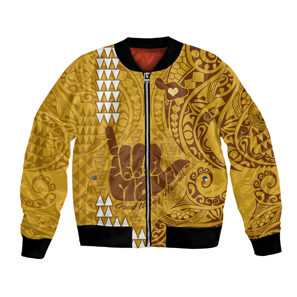 Personalised Strong Maui Bomber Jacket Good Living Hawaii with Shaka Sign Kakau Tribal Gold LT9 - Wonder Print Shop