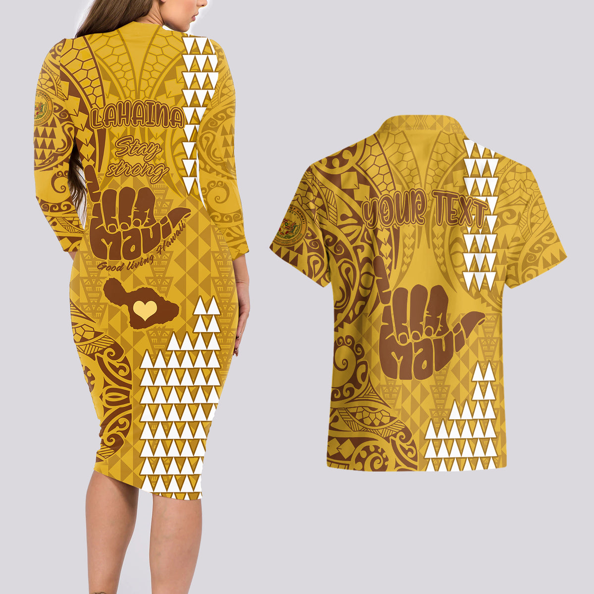 Personalised Strong Maui Couples Matching Long Sleeve Bodycon Dress and Hawaiian Shirt Good Living Hawaii with Shaka Sign Kakau Tribal Gold LT9 - Wonder Print Shop