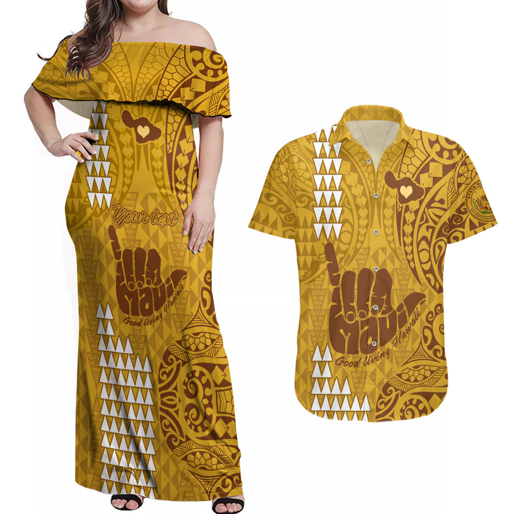 Personalised Strong Maui Couples Matching Off Shoulder Maxi Dress and Hawaiian Shirt Good Living Hawaii with Shaka Sign Kakau Tribal Gold LT9 - Wonder Print Shop