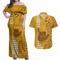Personalised Strong Maui Couples Matching Off Shoulder Maxi Dress and Hawaiian Shirt Good Living Hawaii with Shaka Sign Kakau Tribal Gold LT9 - Wonder Print Shop