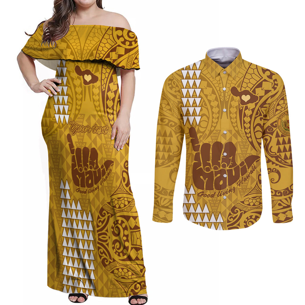 Personalised Strong Maui Couples Matching Off Shoulder Maxi Dress and Long Sleeve Button Shirts Good Living Hawaii with Shaka Sign Kakau Tribal Gold LT9 - Wonder Print Shop