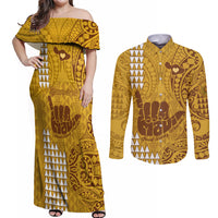 Personalised Strong Maui Couples Matching Off Shoulder Maxi Dress and Long Sleeve Button Shirts Good Living Hawaii with Shaka Sign Kakau Tribal Gold LT9 - Wonder Print Shop