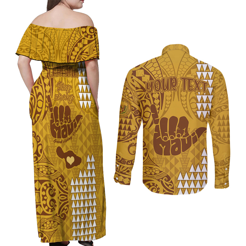 Personalised Strong Maui Couples Matching Off Shoulder Maxi Dress and Long Sleeve Button Shirts Good Living Hawaii with Shaka Sign Kakau Tribal Gold LT9 - Wonder Print Shop