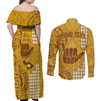 Personalised Strong Maui Couples Matching Off Shoulder Maxi Dress and Long Sleeve Button Shirts Good Living Hawaii with Shaka Sign Kakau Tribal Gold LT9 - Wonder Print Shop