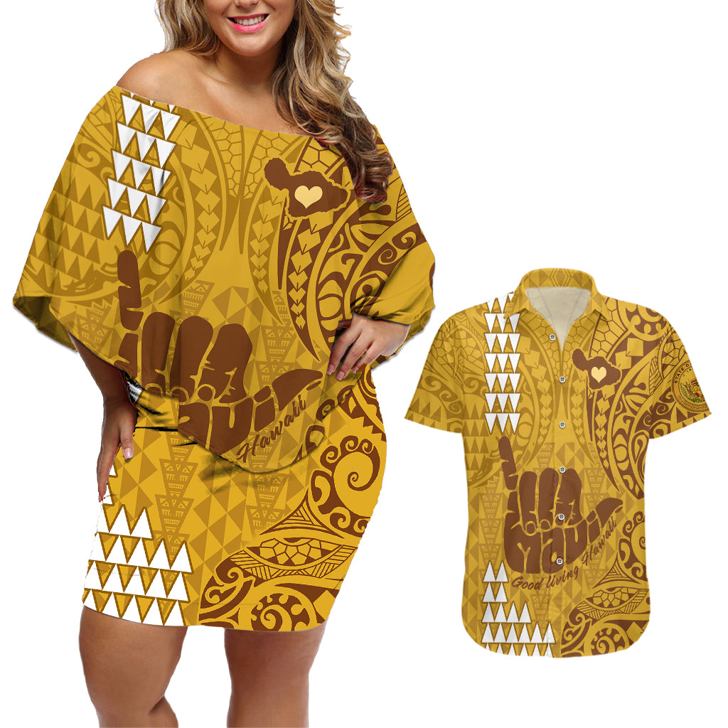 Personalised Strong Maui Couples Matching Off Shoulder Short Dress and Hawaiian Shirt Good Living Hawaii with Shaka Sign Kakau Tribal Gold LT9 - Wonder Print Shop