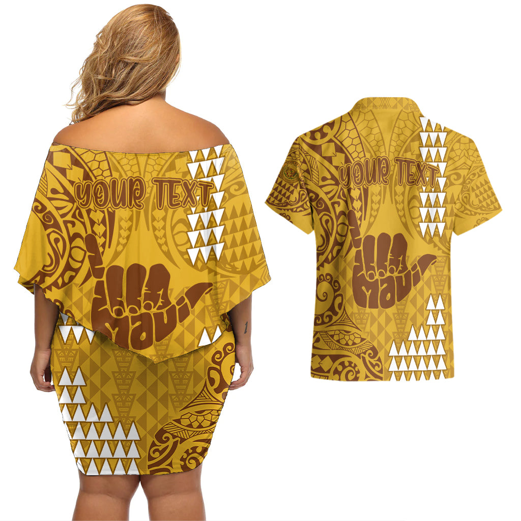 Personalised Strong Maui Couples Matching Off Shoulder Short Dress and Hawaiian Shirt Good Living Hawaii with Shaka Sign Kakau Tribal Gold LT9 - Wonder Print Shop