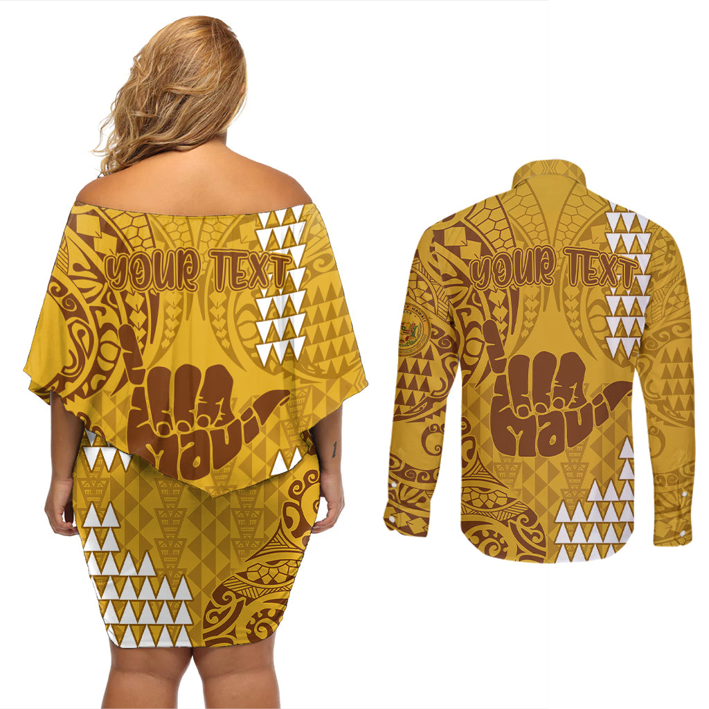 Personalised Strong Maui Couples Matching Off Shoulder Short Dress and Long Sleeve Button Shirts Good Living Hawaii with Shaka Sign Kakau Tribal Gold LT9 - Wonder Print Shop