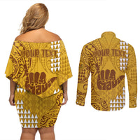 Personalised Strong Maui Couples Matching Off Shoulder Short Dress and Long Sleeve Button Shirts Good Living Hawaii with Shaka Sign Kakau Tribal Gold LT9 - Wonder Print Shop