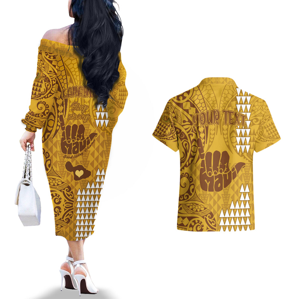 Personalised Strong Maui Couples Matching Off The Shoulder Long Sleeve Dress and Hawaiian Shirt Good Living Hawaii with Shaka Sign Kakau Tribal Gold LT9 - Wonder Print Shop