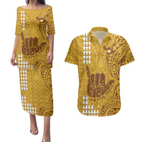 Personalised Strong Maui Couples Matching Puletasi Dress and Hawaiian Shirt Good Living Hawaii with Shaka Sign Kakau Tribal Gold LT9 - Wonder Print Shop