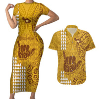 Personalised Strong Maui Couples Matching Short Sleeve Bodycon Dress and Hawaiian Shirt Good Living Hawaii with Shaka Sign Kakau Tribal Gold LT9 - Wonder Print Shop