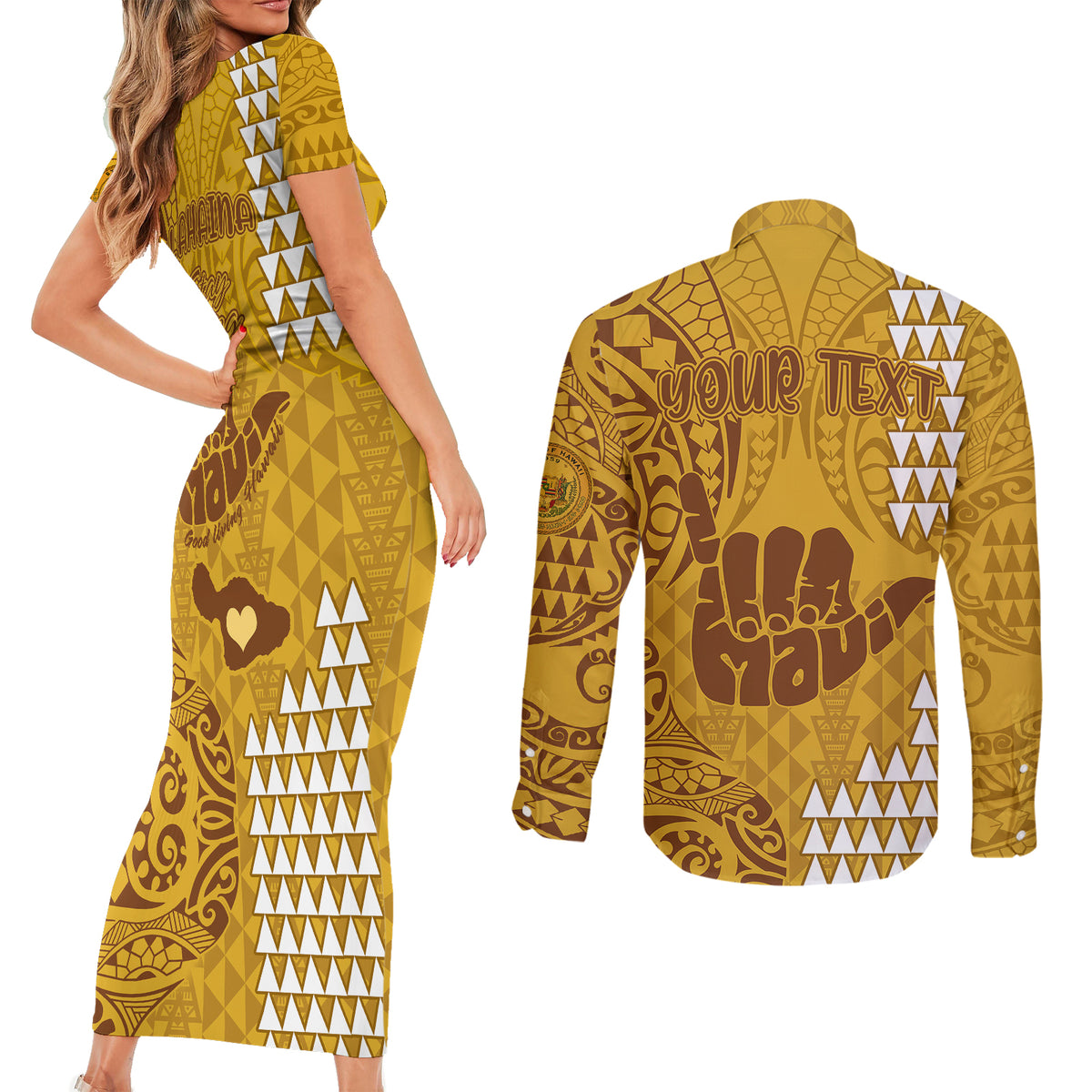 Personalised Strong Maui Couples Matching Short Sleeve Bodycon Dress and Long Sleeve Button Shirts Good Living Hawaii with Shaka Sign Kakau Tribal Gold LT9 - Wonder Print Shop