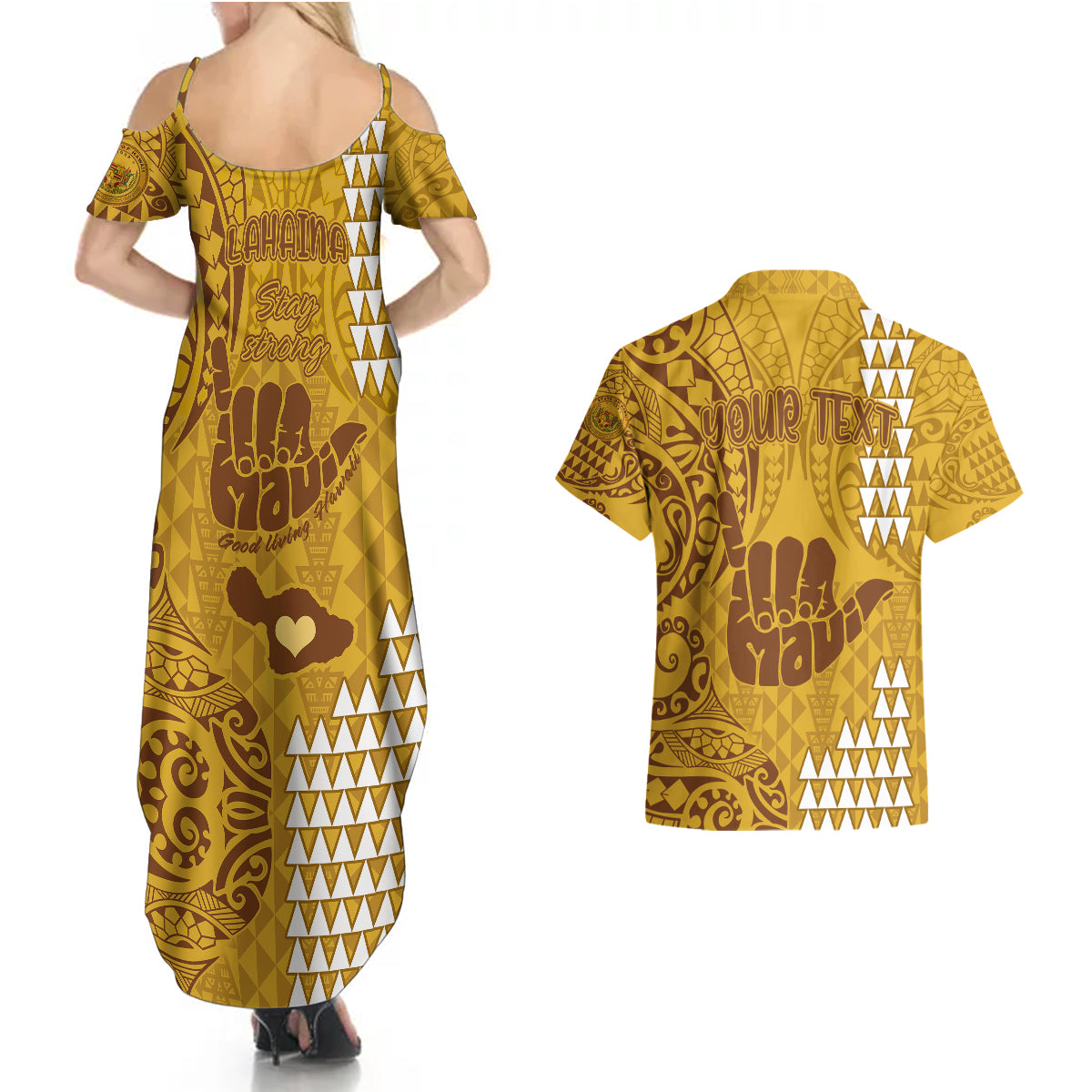 Personalised Strong Maui Couples Matching Summer Maxi Dress and Hawaiian Shirt Good Living Hawaii with Shaka Sign Kakau Tribal Gold LT9 - Wonder Print Shop