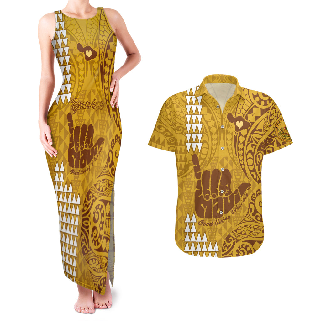 Personalised Strong Maui Couples Matching Tank Maxi Dress and Hawaiian Shirt Good Living Hawaii with Shaka Sign Kakau Tribal Gold LT9 - Wonder Print Shop