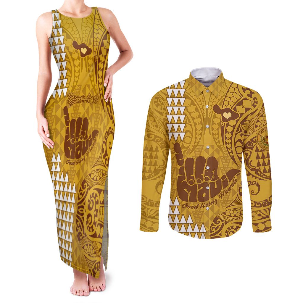 Personalised Strong Maui Couples Matching Tank Maxi Dress and Long Sleeve Button Shirts Good Living Hawaii with Shaka Sign Kakau Tribal Gold LT9 - Wonder Print Shop