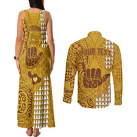 Personalised Strong Maui Couples Matching Tank Maxi Dress and Long Sleeve Button Shirts Good Living Hawaii with Shaka Sign Kakau Tribal Gold LT9 - Wonder Print Shop