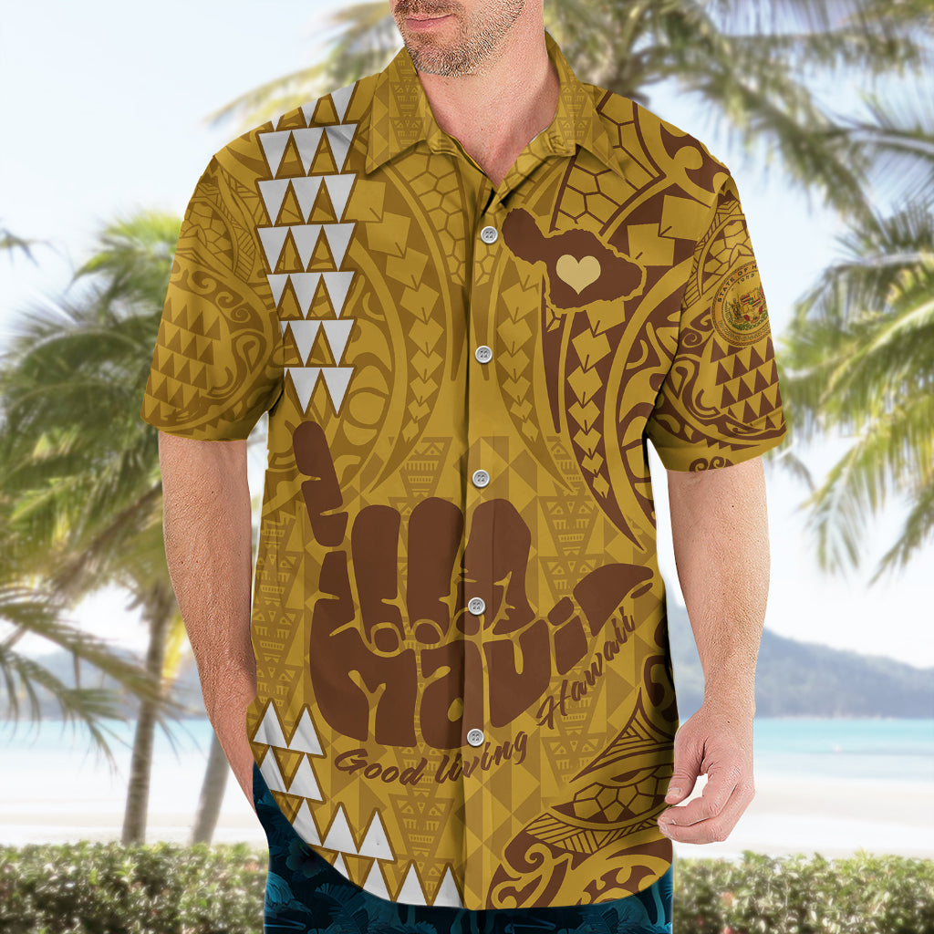 Personalised Strong Maui Hawaiian Shirt Good Living Hawaii with Shaka Sign Kakau Tribal Gold - Wonder Print Shop