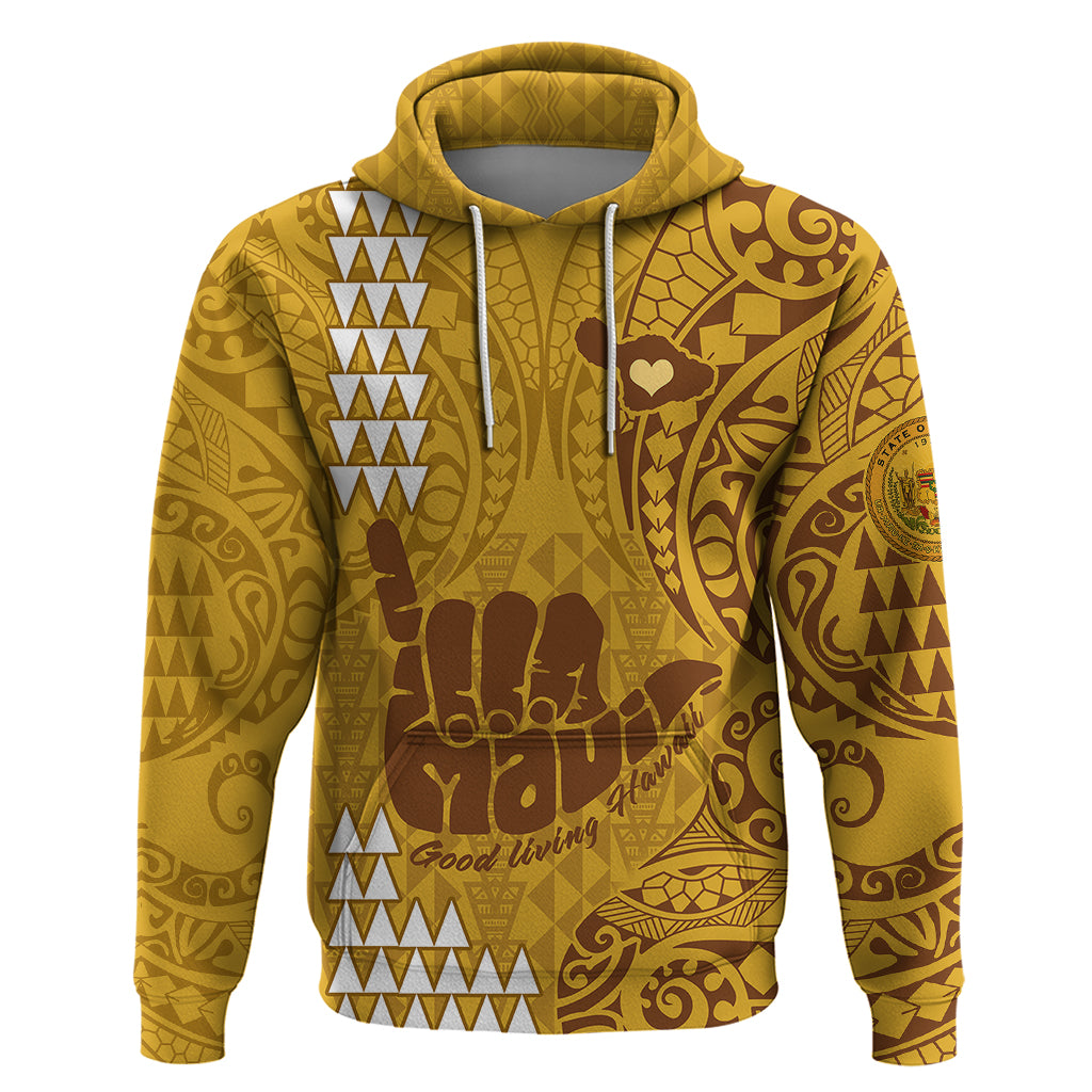 Personalised Strong Maui Hoodie Good Living Hawaii with Shaka Sign Kakau Tribal Gold - Wonder Print Shop