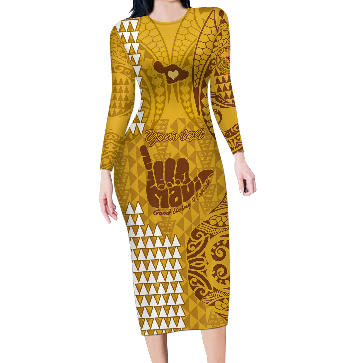 Personalised Strong Maui Long Sleeve Bodycon Dress Good Living Hawaii with Shaka Sign Kakau Tribal Gold - Wonder Print Shop