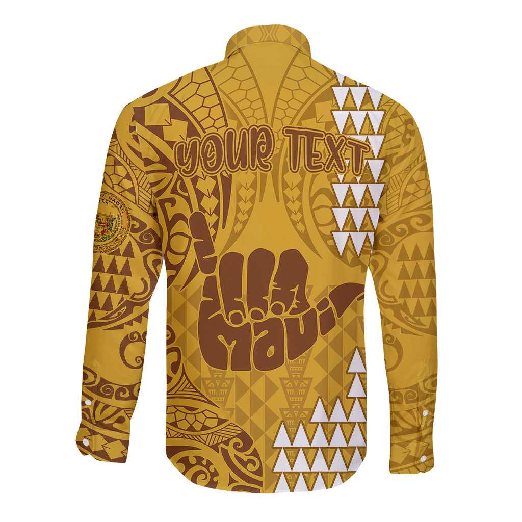 Personalised Strong Maui Long Sleeve Button Shirt Good Living Hawaii with Shaka Sign Kakau Tribal Gold - Wonder Print Shop