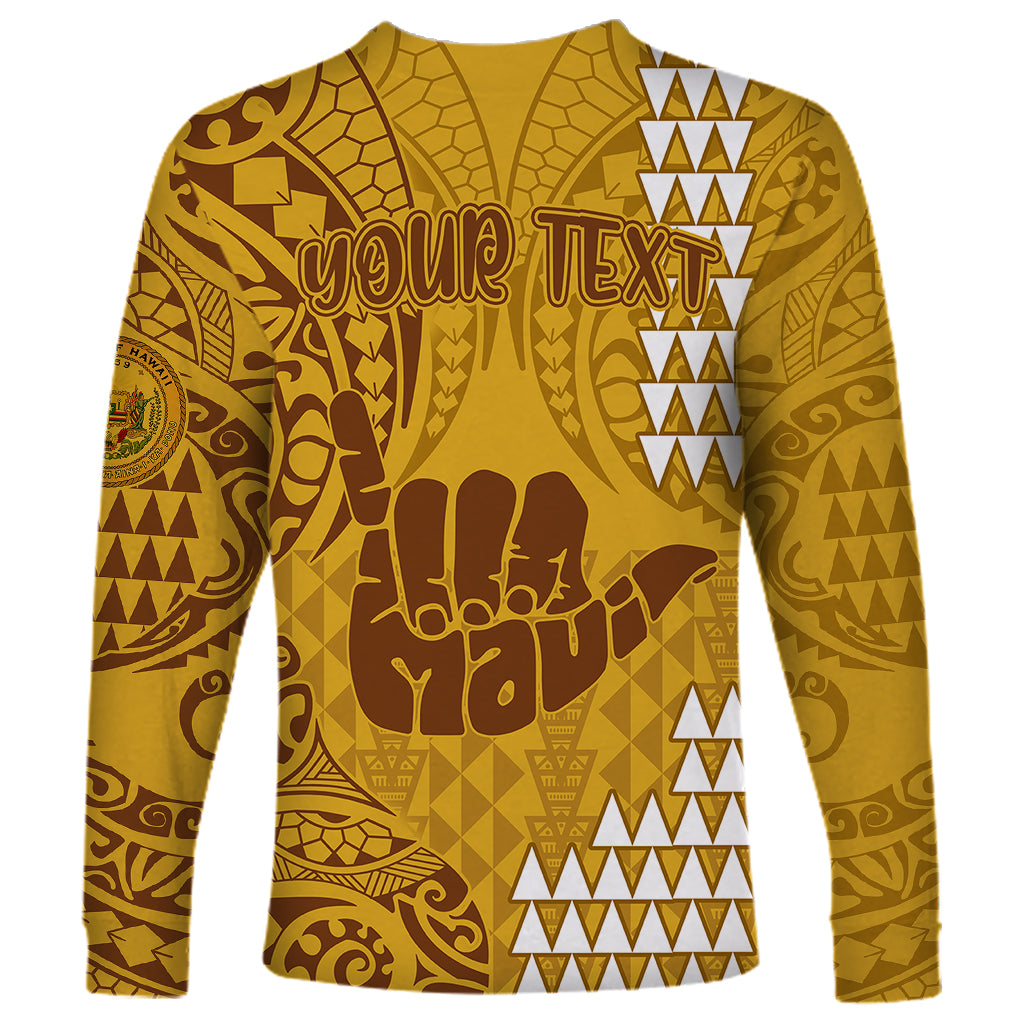 Personalised Strong Maui Long Sleeve Shirt Good Living Hawaii with Shaka Sign Kakau Tribal Gold - Wonder Print Shop