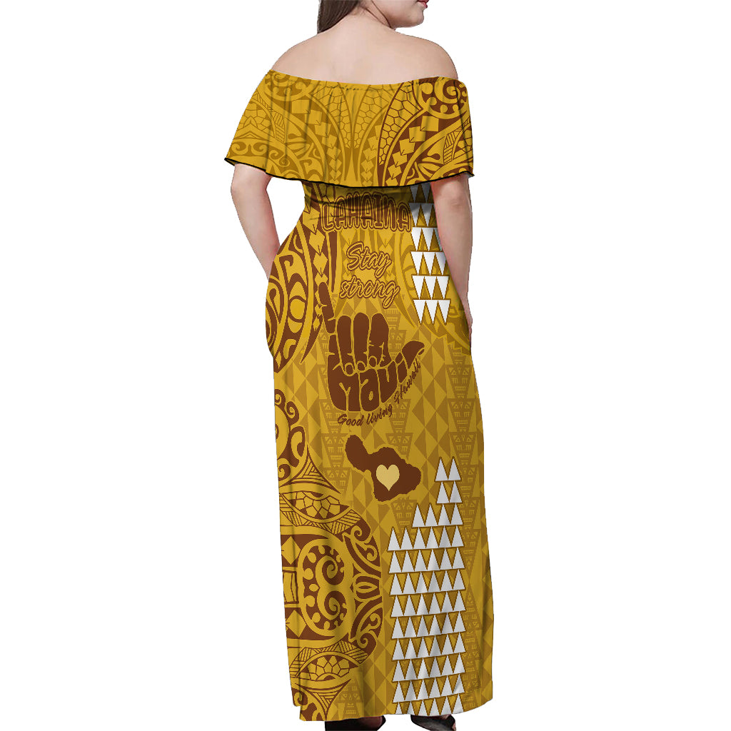Personalised Strong Maui Off Shoulder Maxi Dress Good Living Hawaii with Shaka Sign Kakau Tribal Gold - Wonder Print Shop