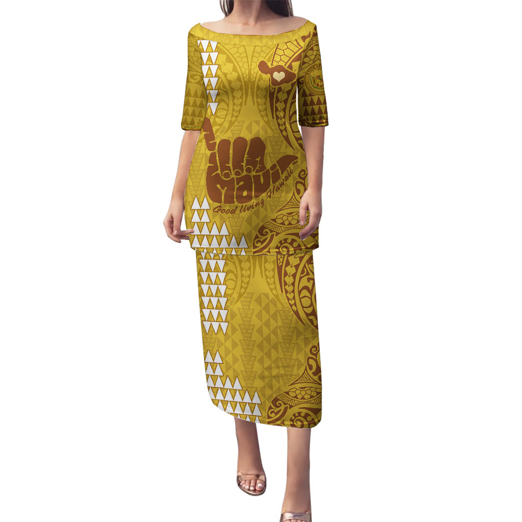 Personalised Strong Maui Puletasi Good Living Hawaii with Shaka Sign Kakau Tribal Gold - Wonder Print Shop