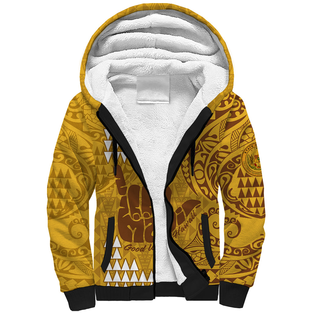 Personalised Strong Maui Sherpa Hoodie Good Living Hawaii with Shaka Sign Kakau Tribal Gold - Wonder Print Shop