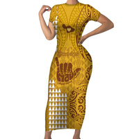 Personalised Strong Maui Short Sleeve Bodycon Dress Good Living Hawaii with Shaka Sign Kakau Tribal Gold - Wonder Print Shop
