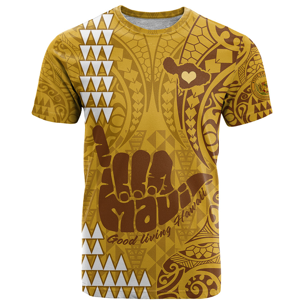 Personalised Strong Maui T Shirt Good Living Hawaii with Shaka Sign Kakau Tribal Gold - Wonder Print Shop