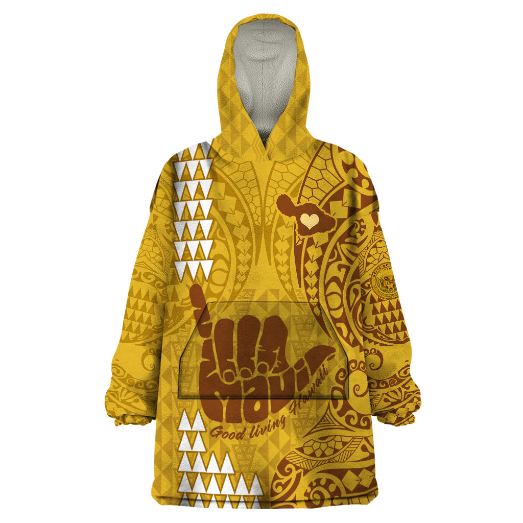 Personalised Strong Maui Wearable Blanket Hoodie Good Living Hawaii with Shaka Sign Kakau Tribal Gold - Wonder Print Shop