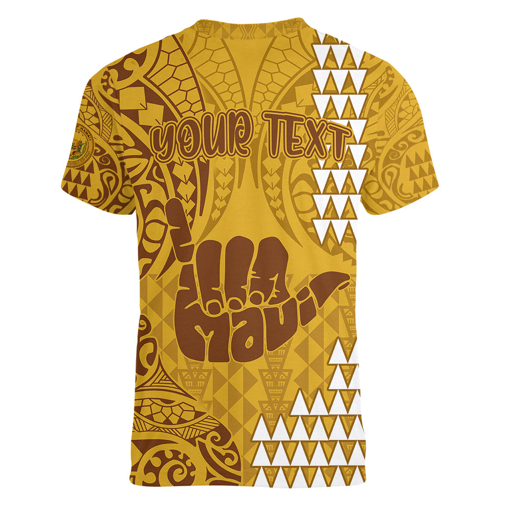 Personalised Strong Maui Women V Neck T Shirt Good Living Hawaii with Shaka Sign Kakau Tribal Gold - Wonder Print Shop